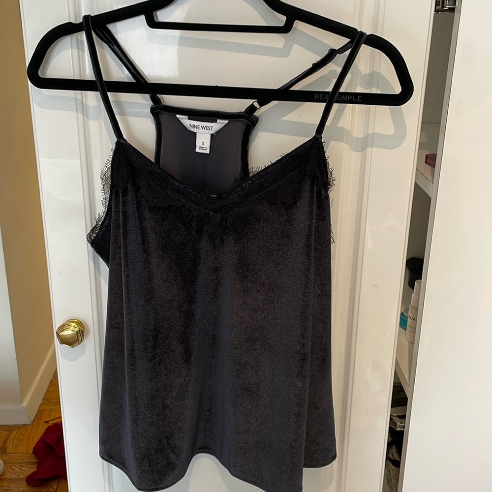 Nine West Navy Velvet Tank Top with Lace Trim (Small)